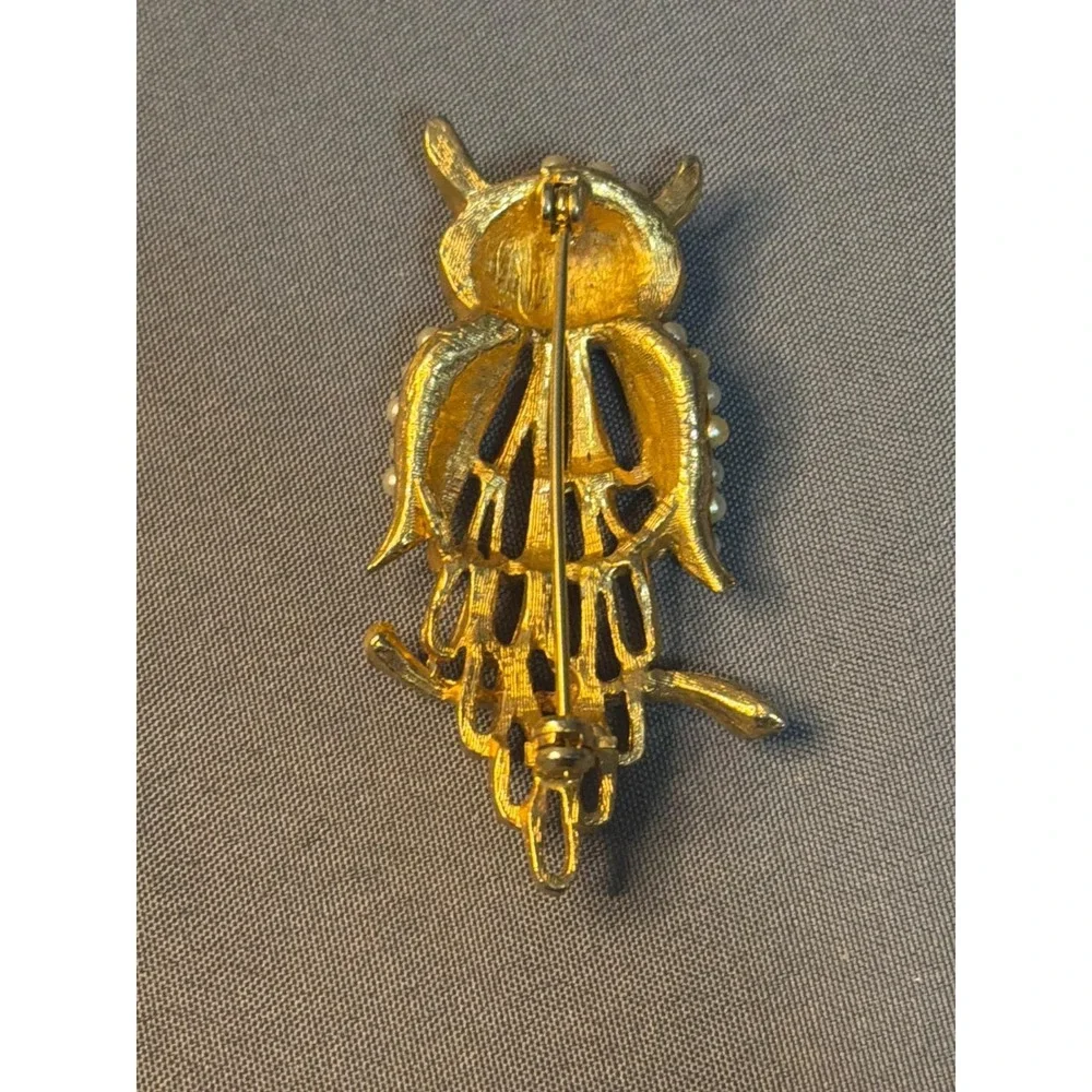 Vintage Gold Tone Owl Brooch Faux Pearl Red Rhinestone Eye Bird Pin 2 Inch